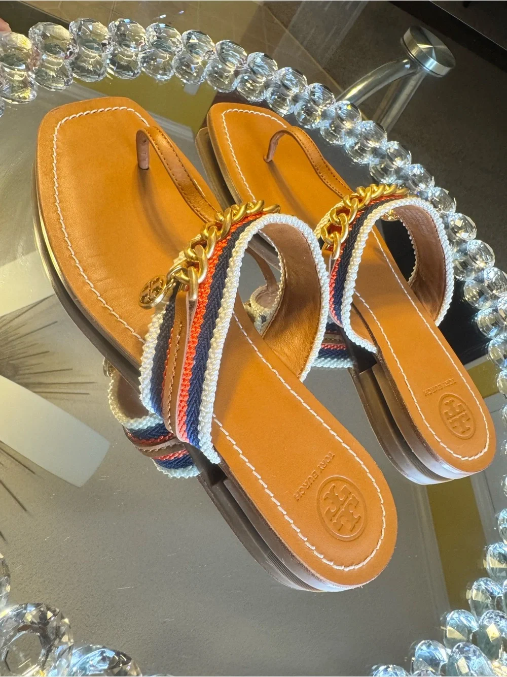 Tory Burch Mini Benton Chain Band Sandal Calf Leather / Webbing. Size 8